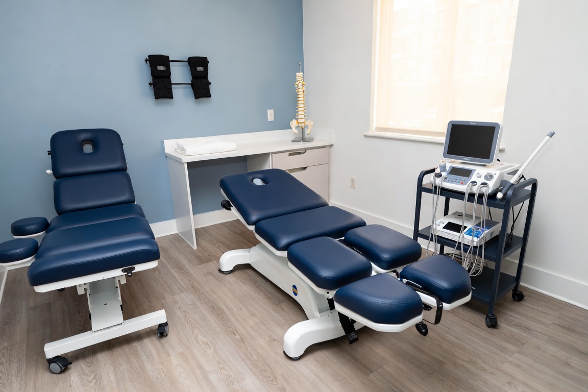 Chiropractic treatment room with drop table and traction table at Smiley Chiropractic in Garland, TX