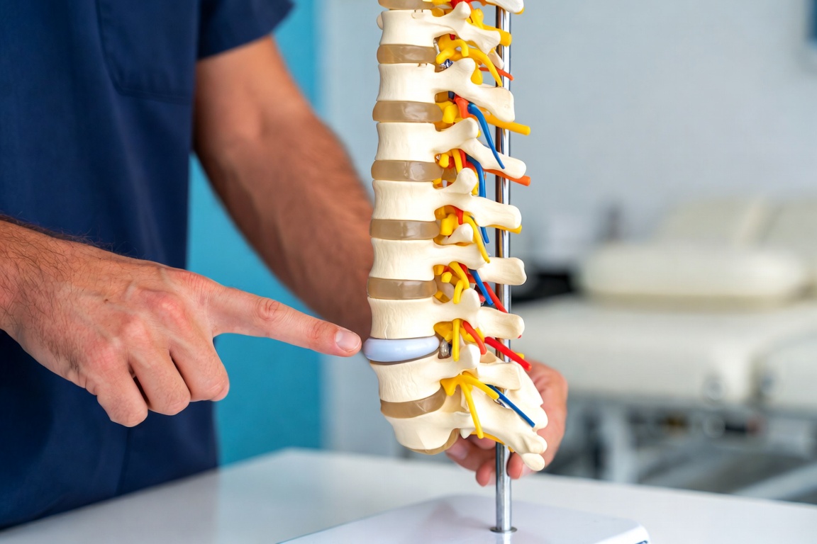 Anatomical spine model showing vertebrae and intervertebral discs at Smiley Chiropractic in Garland, TX