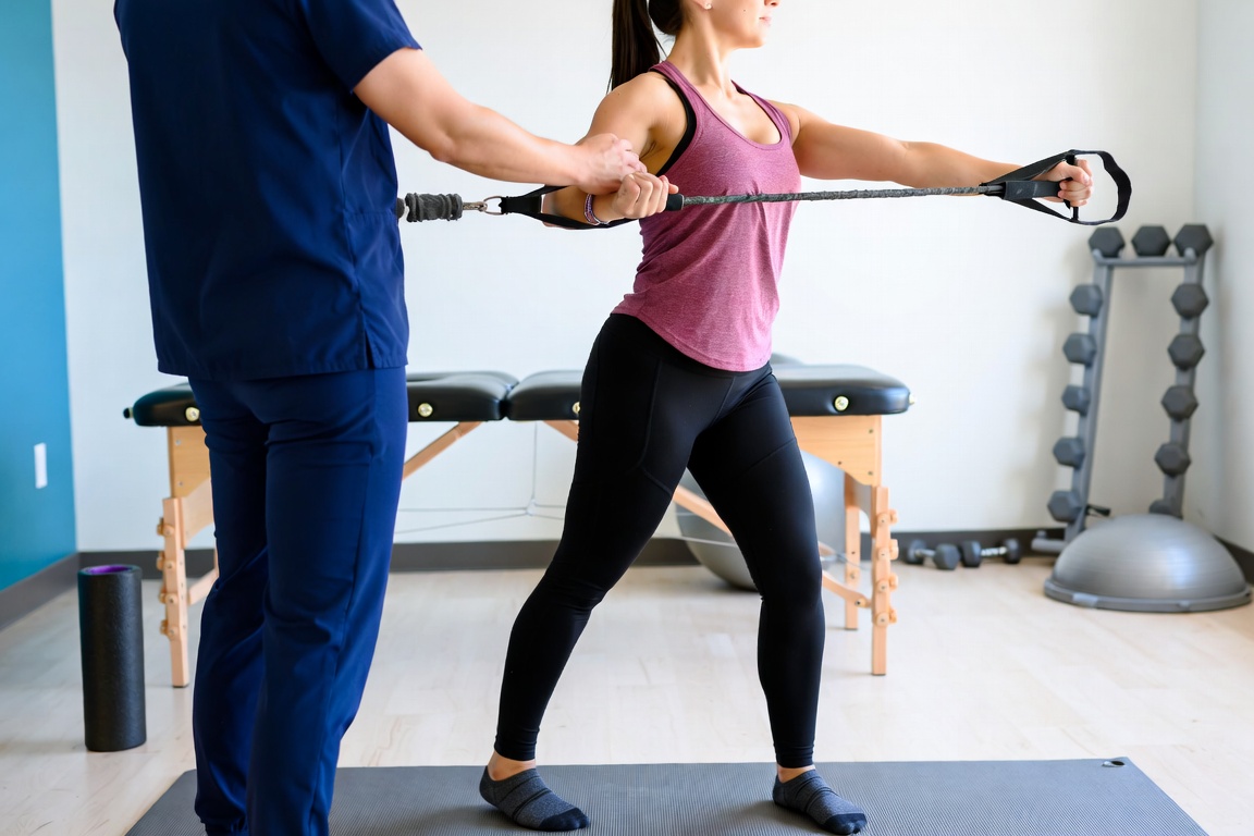 Patient doing guided rehab and strengthening exercise at Smiley Chiropractic in Garland, TX
